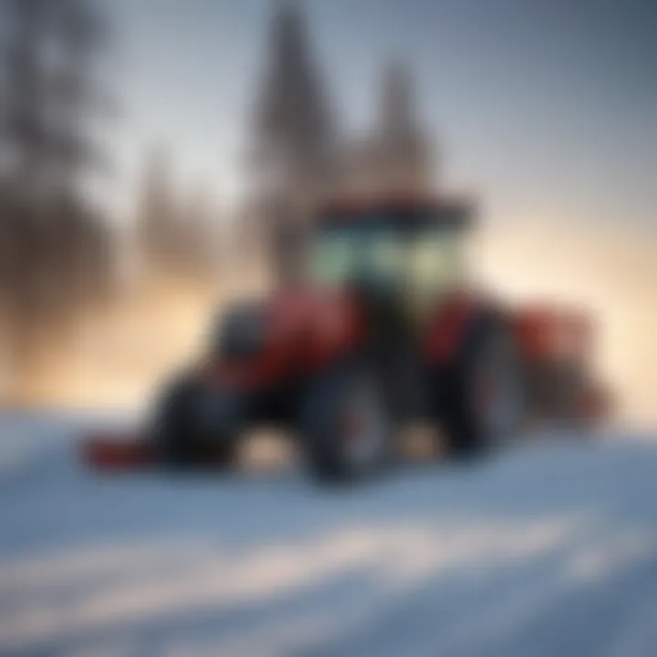 Heavy snow removal tractor clearing a farm