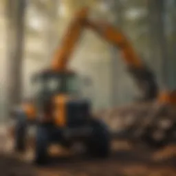 Hydraulic grapple attached to a tractor in a forestry setting