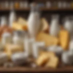 Close-up of various dairy products including milk, cheese, and yogurt
