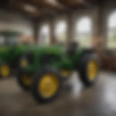 Showroom displaying John Deere agricultural equipment