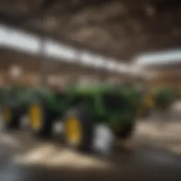 A panoramic view of a John Deere dealership in Snead, Alabama, showcasing the vast range of agricultural equipment available.
