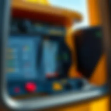 Close-up of the advanced control panel of the Komatsu excavator showcasing its technological features.