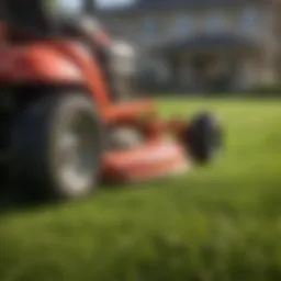 A close-up view of a lawn mower with an aerator attachment in action.
