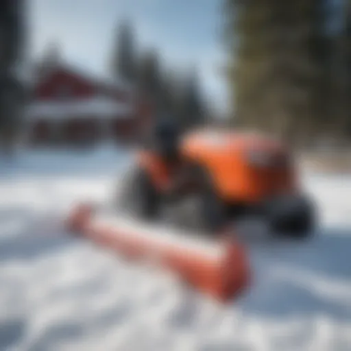 Lawn tractor equipped with a snow blower attachment in a snowy landscape