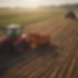A tractor equipped with a versatile loader attachment in a vast field