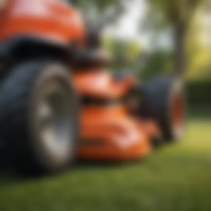 Close-up of a clearance lawn mower's features and specifications