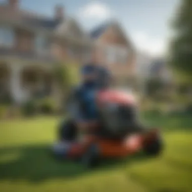 Happy homeowner using a clearance lawn mower in their garden