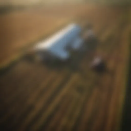 Aerial view of a modern farm utilizing advanced agricultural technology.