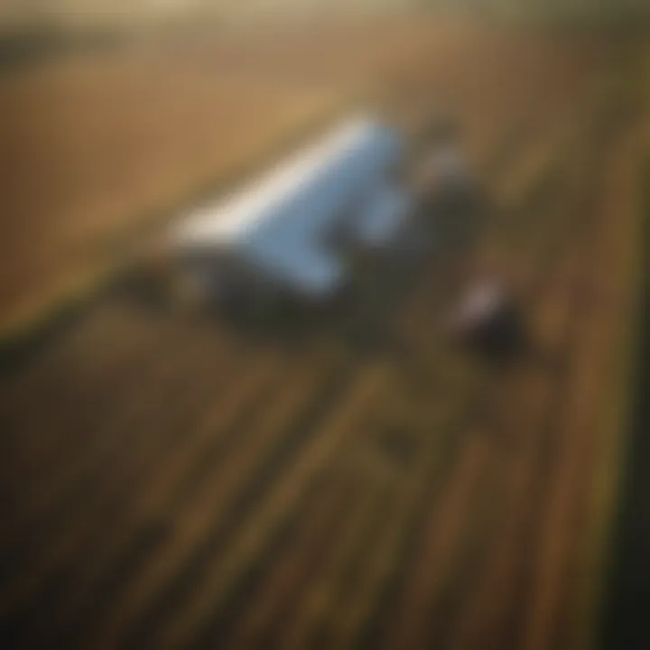 Aerial view of a modern farm utilizing advanced agricultural technology.