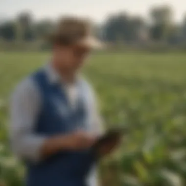 A farmer analyzing data on a tablet while surveying crops.