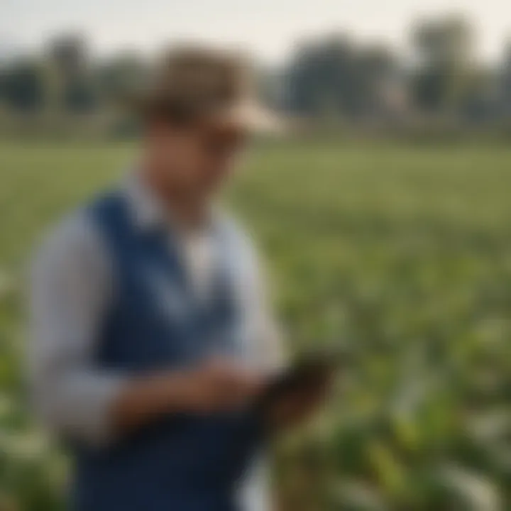 A farmer analyzing data on a tablet while surveying crops.