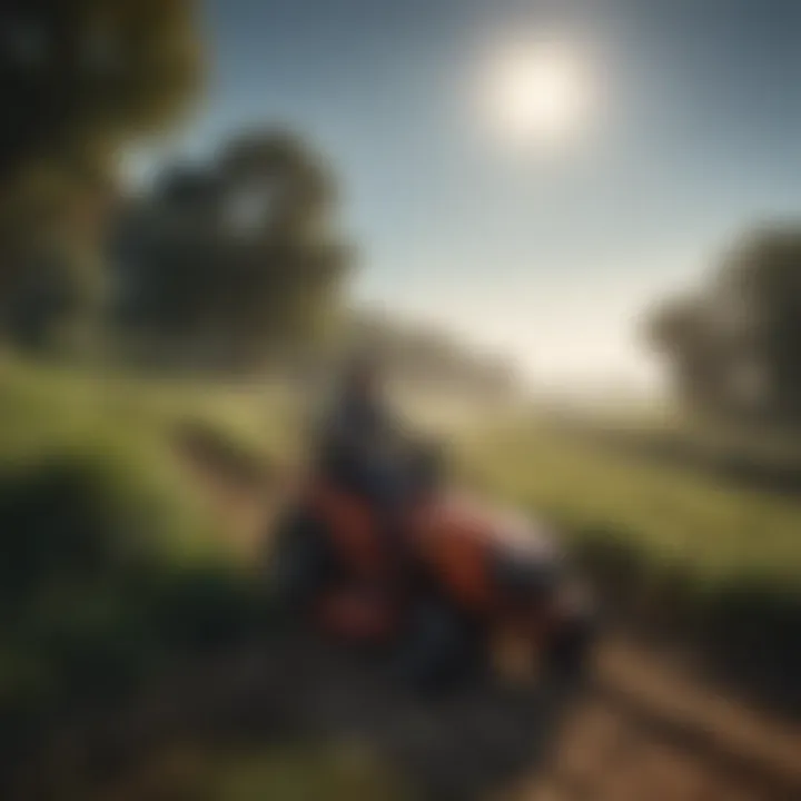 Narrow riding mower in action within a confined agricultural area