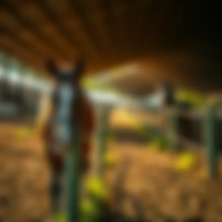 Wide shot of a well-maintained equine facility with nylon fencing