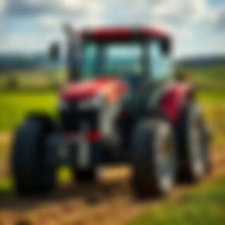 Tractor on a farm with scenic landscape in the background