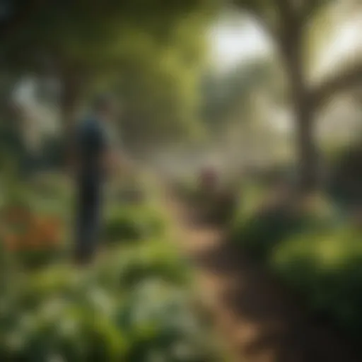Landscape of a lush green park with workers engaged in gardening activities