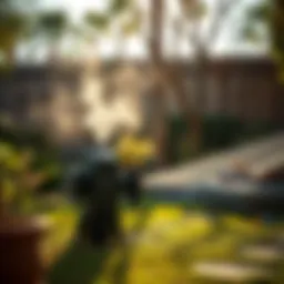 A serene backyard environment with a pet-friendly mosquito fogger in use