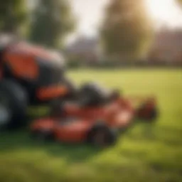 An array of Polaris lawn mower attachments displayed on a grassy field