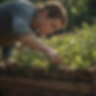 A close-up of a gardener tending to plants in a raised bed