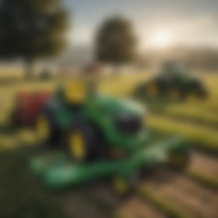 A variety of John Deere mowers displayed in an agricultural setting