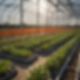 A detailed view of root radiance heat mats in use in a greenhouse setting, showcasing their integration into plant cultivation.