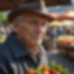 Senior citizen enjoying fresh produce at a market