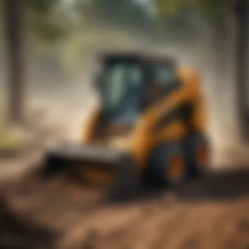 A powerful skid steer equipped with a tree shredder in action, demonstrating its capabilities in land clearing.