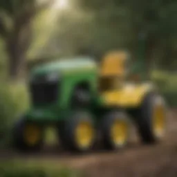 A John Deere garden tractor equipped with a tiller in action