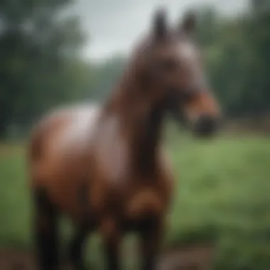 A horse wearing a rain sheet with a hood in a rainy field