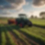 Tractor driving on a lush green field