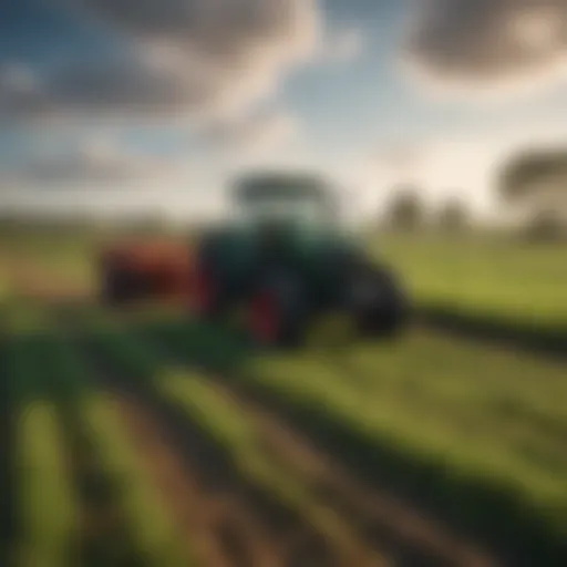 Tractor driving on a lush green field