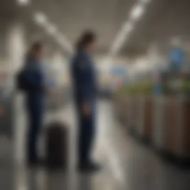 TSA employee assisting travelers with luggage screening