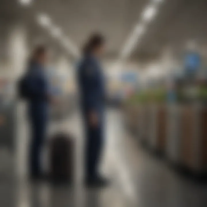 TSA employee assisting travelers with luggage screening