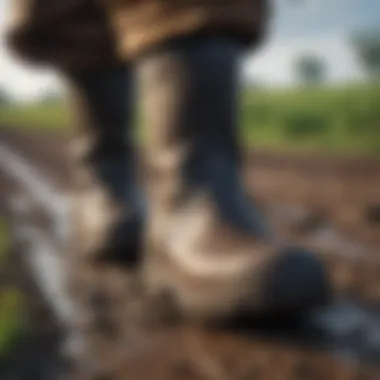 Rubber overboots in a muddy agricultural field showcasing their practicality