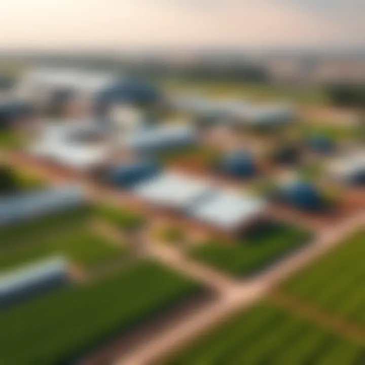Aerial view of diverse farm canopy buildings within a contemporary agricultural landscape