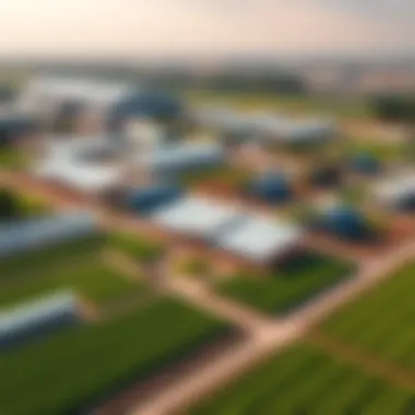 Diverse Farm Canopy Buildings in Modern Agriculture Aerial view of diverse farm canopy buildings within a contemporary agricultural landscape
