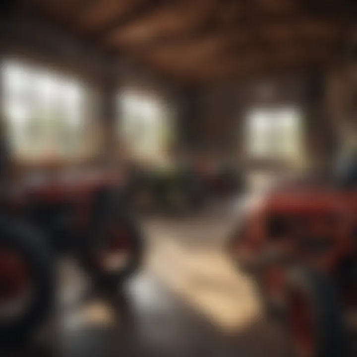 A local dealer's shop filled with various used agricultural equipment.