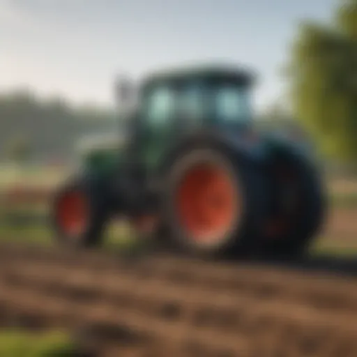 A well-maintained tractor in a field showcasing used agricultural implements.