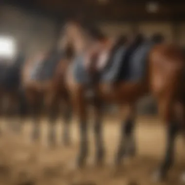 A group of horses equipped with different five-star saddle pads in a training session