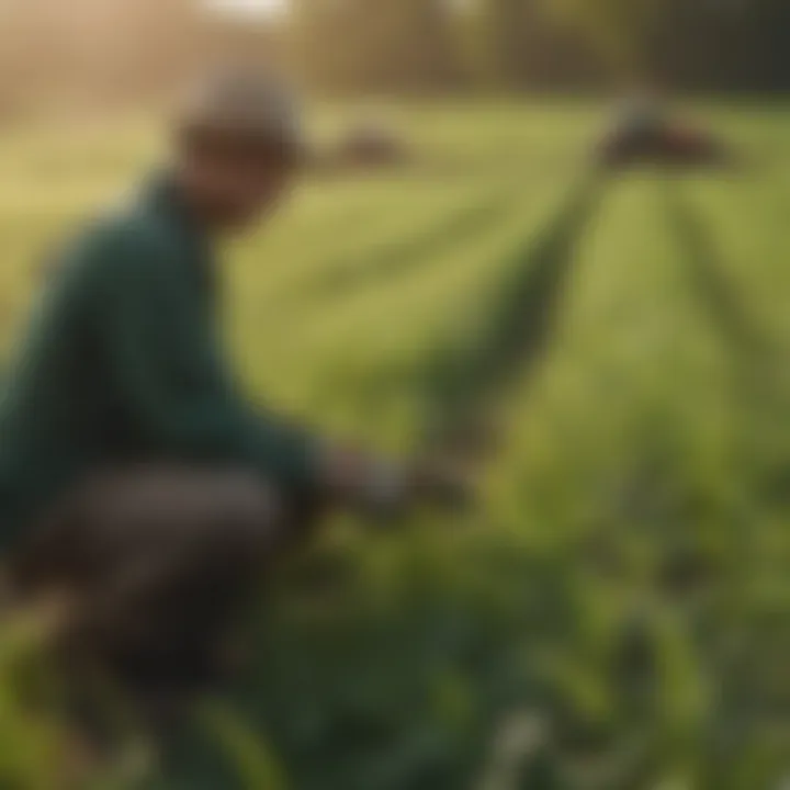 A farmer applying fungicide in a lush green field