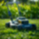 A modern electric lawn mower in action on a lush green lawn