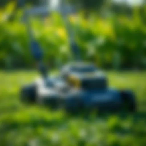 A modern electric lawn mower in action on a lush green lawn