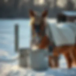 A winter scene with a heated automatic horse waterer in use
