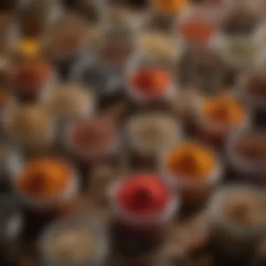 An assortment of dried spices in glass jars showcasing their vibrant colors.