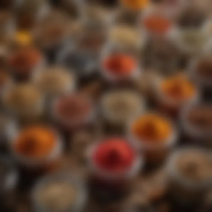 An assortment of dried spices in glass jars showcasing their vibrant colors.