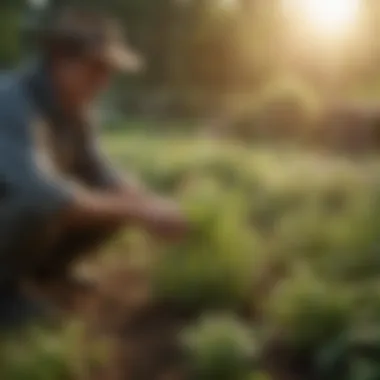 A farmer cultivating herbs in an organic garden setting.