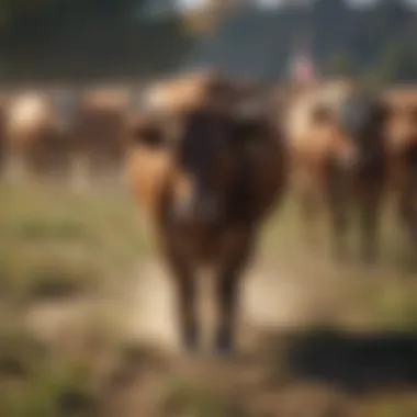 A herd of cattle responding to sorting flags in a field.