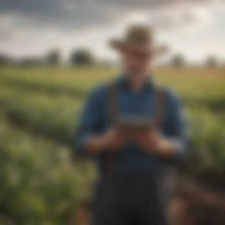 A farmer using a tablet in a field