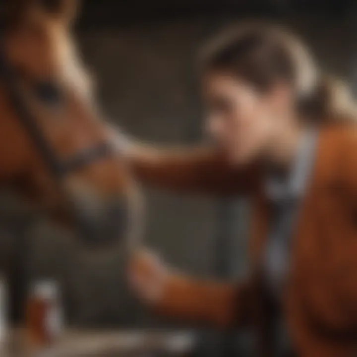 Horse owner administering cough syrup to their horse