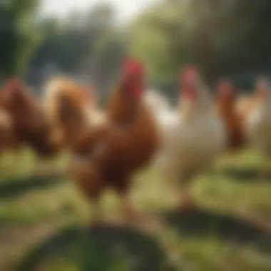 Pastoral Life of Organic Chickens Organic chicken roaming freely in a pasture