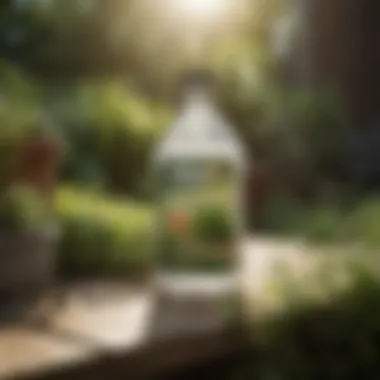 A bottle of weed killer on a wooden garden table surrounded by plants